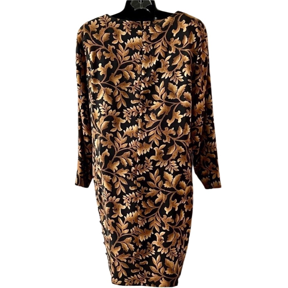 Vtg 80s Liz Claiborne Floral Gold Black 100% Silk Shirt Oversized Midi Dress 8 M